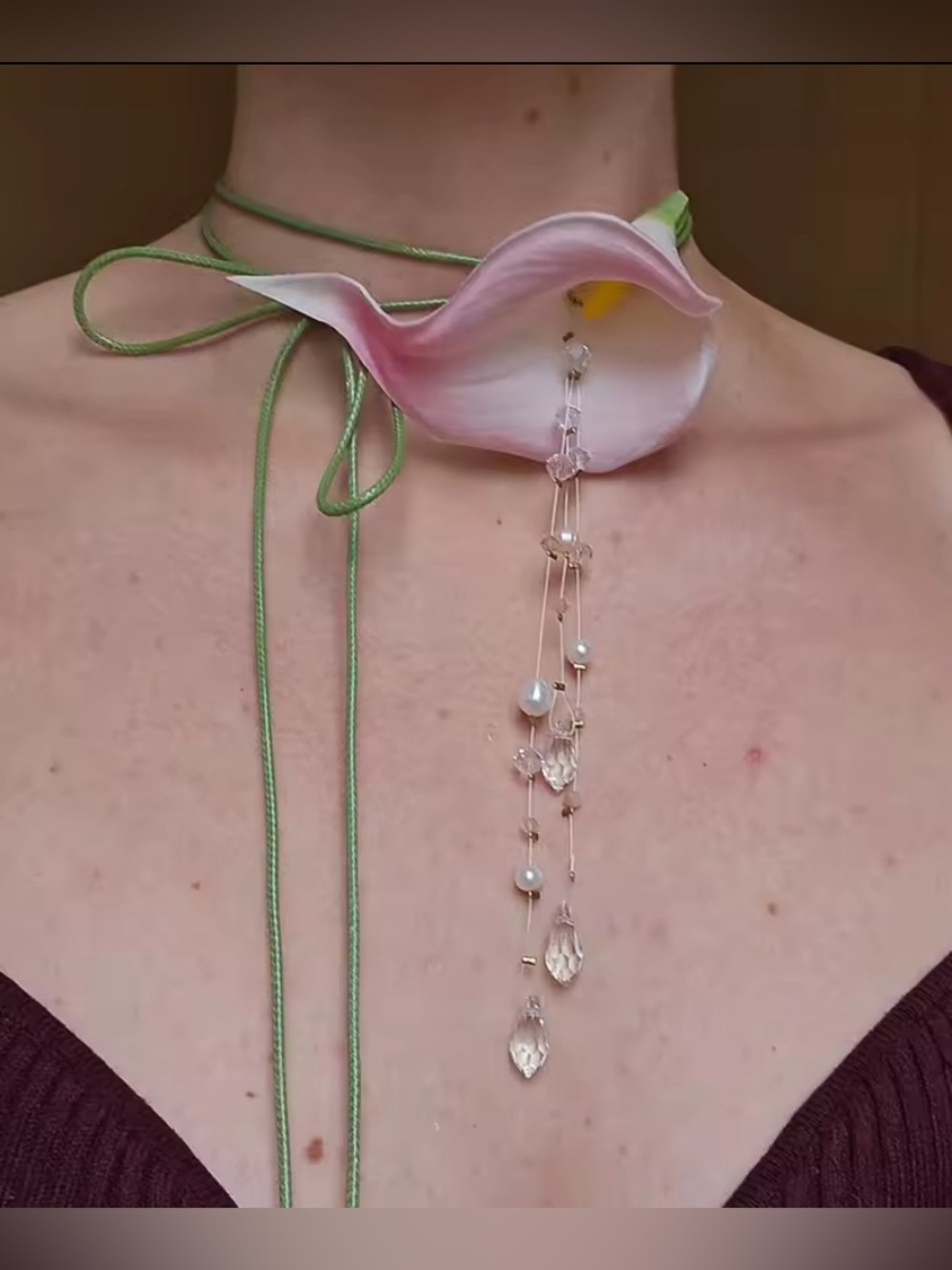Korean Bloom 3D Calla Lily Flower Cord Wrap Pearl Beaded Necklace NWT